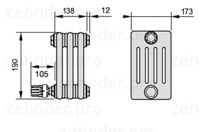 Схема (чертеж) Радиатор Zehnder Charleston 5019/3 №V004 Белый глянцевый RAL 9016